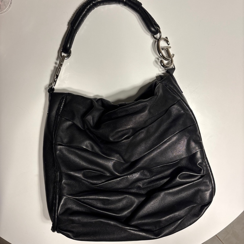 Black Leather Hobo Bag with Silver Hardware